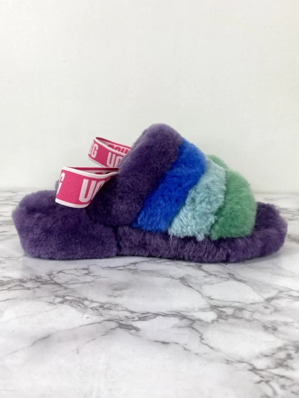 UGG Fluff Yeah Rainbow Purple Furry Women’s Slides Sz 7